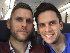 This is an undated family handout photo issued by Britain's  Foreign & Commonwealth Office  and made available on Tuesday Feb. 13, 2018 of Stuart Hill, left, and his brother Jason Hill, who both died in a Grand Canyon helicopter crash. An expert says investigators are likely to pay special attention to the type of helicopter that crashed in the Grand Canyon, killing three British tourists. Aviation attorney Gary C. Robb says the EC-130 helicopter generally lacks a system to keep it from exploding on impact, denying passengers a few extra minutes to try to escape. It comes after the crash on tribal land, which has fewer regulations than helicopter tours in Grand Canyon National Park. (Family Handout  Foreign & Commonwealth Office via AP)