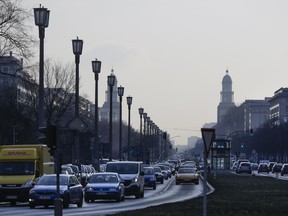 Cars drive on a main road in Berlin, Germany, Wednesday, Feb. 28, 2018. The German court ruled Tuesday that cities can impose driving bans on diesel cars to combat air pollution, a decision that could affect millions of drivers and the country's powerful auto industry.