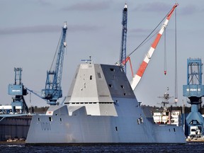 FILE - In this Dec. 4, 2017 file photo, the future USS Michael Monsoor leaves Bath Iron Works to head out to sea for trials in Bath, Maine.   The ship is the second in the stealthy Zumwalt class of destroyers. A statement from Naval Sea Systems Command says the future USS Michael Monsoor successfully completed its acceptance trials Thursday, Feb. 1, 2018. The statement says onboard systems such as navigation, damage control, mechanical, combat, communication and propulsion met or exceeded specifications.