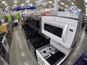 FILE- This Jan. 22, 2018, file photo shows a Whirlpool microwave and oven on display in the appliance section of a Lowe's in Wexford, Pa. On Tuesday, Feb. 27, 2017, the Commerce Department releases its report on durable goods for January.