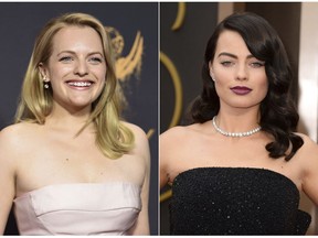 In this combination photo, Elisabeth Moss arrives at the 69th Primetime Emmy Awards in Los Angeles on Sept. 17, 2017, left, and Margot Robbie arrives at the Oscars in Los Angeles on March 2, 2014. Moss wore a pair of diamond ear dusters designed by celebrity stylist Karla Welch and Robbie wore a 60-carat diamond Riviera necklace and a 14-carat ring. (Photos by Richard Shotwell, left, and Jordan Strauss/Invision/AP)