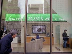 FILE- In this Feb. 6, 2018, file photo, a passer-by peers in the window while investors congregate inside at the Fidelity Investments office on Congress Street as the ticker displays stock market numbers in Boston. A plunge in stock prices always stings, but this recent one dug deeper because more of the country has become exposed to the ups and downs of the market, particularly older Americans.