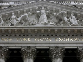 FILE - This Oct. 4, 2014, file photo, shows the facade of the New York Stock Exchange. The U.S. stock market opens at 9:30 a.m. EST on Monday, Feb. 26, 2018.