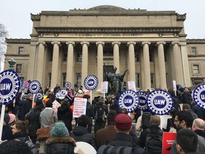 In this Feb. 1, 2018 photo, demonstrators advocate for a union at Columbia University in New York after the school announced earlier in the week that it won't bargain with the students who voted overwhelmingly for union representation more than a year ago. Union advocates say other universities are similarly declining to bargain or to agree to union elections, perhaps waiting for a more management-friendly NLRB to reverse its earlier ruling.