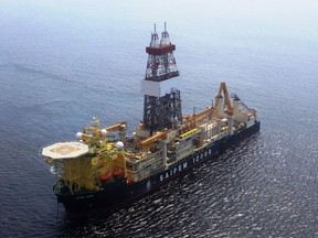 An undated photo of the the Saipem 12000 drilling floater. Turkish warships continue to impede a rig from reaching a location off Cyprus where Italian energy company Eni is scheduled to drill for gas, the Cypriot government said Monday, Feb. 12, 2018. Spokesman Nicos Christodoulides told state broadcaster RIK that the rig remains anchored about 30 miles (50 kilometers) from the drilling target off the island's southeastern coast. (Saipem via AP)