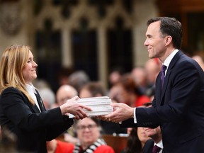 Finance Minister Bill Morneau hands over the federal budget to a clerk in the House of Commons in Ottawa on Tuesday, Feb.27, 2018.