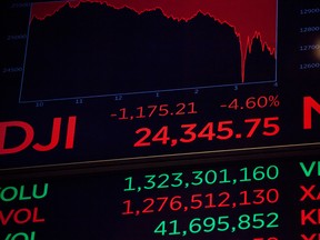 A monitor displays stock information on the floor of the New York Stock Exchange.