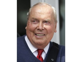 FILE - In this Oct. 1, 2015, file photo, shows Jon Huntsman, Sr., during a ribbon-cutting ceremony for the Jon M. and Karen Huntsman Basketball Facility at the University of Utah, in Salt Lake City. Utah billionaire and philanthropist Jon Huntsman Sr. has died. Huntsman's assistant Pam Bailey confirmed he died Friday, Feb. 2, 2018, in Salt Lake City. He was 80. Bailey declined to name a cause of death.