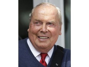 FILE - This Oct. 1, 2015 file photo shows Jon Huntsman, Sr., during a ribbon-cutting ceremony for the Jon M. and Karen Huntsman Basketball Facility at the University of Utah, in Salt Lake City. Several thousand people are expected to attend the funeral Saturday, Feb. 10, 2018, in Salt Lake City for billionaire and philanthropist Jon Huntsman Sr., with speeches scheduled by top-ranking Mormon leaders and his son, the U.S. ambassador to Russia. Huntsman died Feb. 2 at age 80.