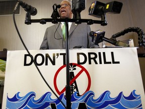 US Rep Don McEachin, D-Va. speaks to a group of environmental activists during a news conference in Richmond, Va., Wednesday, Feb. 21, 2018. The press conference proceeded a public meeting of the Bureau Ocean Energy Management on offshore drilling.