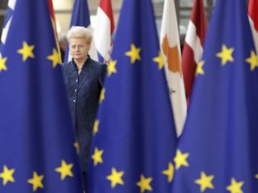 Lithuanian President Dalia Grybauskaite arrives for an EU summit at the Europa building in Brussels on Friday, Feb. 23, 2018. European Union leaders meet without Britain Friday looking to plug a major budget hole after Brexit and endorse a plan to streamline the European Parliament by sharing out the country's seats.