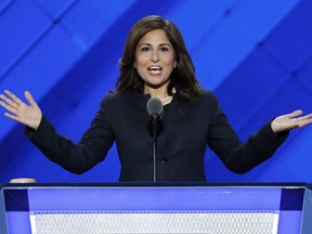 FILE - In this July 27, 2016, file photo, Neera Tanden, president of the Center for American Progress, speaks at the Democratic National Convention in Philadelphia. A major liberal policy group is raising the ante on the health care debate with a new plan that builds on Medicare to guarantee coverage for all. Called "Medicare Extra for All," the proposal to be released Feb. 22, 2018, by the Center for American Progress gives politically energized Democrats more options to achieve a long-sought goal.