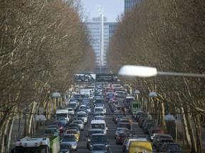 FILE - In this Feb. 21, 2018 file photo cars jam in Stuttgart, southern Germany. A German court decides Tuesday, Feb. 27, 2018 on whether to allow a ban on diesel cars in cities to lower air pollution, a move that could have drastic consequences for the country's powerful auto industry.