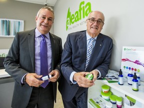 Julian Fantino, former Toronto police chief and MP, and now executive chairman of Aleafia  (right), with former RCMP deputy commissioner of Federal and International Policing Raf Souccar, who is now Aleafia president and CEO, at the company's Vaughan, Ont. clinic.