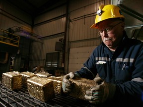 Gold bars are cooled and cleaned at Goldcorp's Red Lake facility.