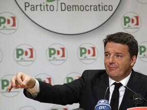 Democratic Party leader Matteo Renzi holds a press conference on the election results, in Rome, Monday, March 5, 2018. With the anti-establishment 5-Stars the highest vote-getter of any single party, the results confirmed the defeat of the two main political forces that have dominated Italian politics for decades -- Forza Italia and the center-left Democrats -- and the surging of populist and right-wing, euroskeptic forces that have burst onto the European scene.