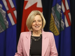 Alberta Premier Rachel Notley speaks before the Speech from the Throne, in Edmonton.