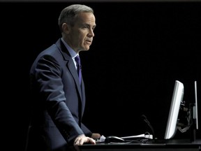 Bank of England Governor Mark Carney, who had to cancel his attendance at the Scottish Economics Conference due to the severe weather conditions, delivers his speech via a live feed from Bloomberg HQ in central London, Friday March 2, 2018.