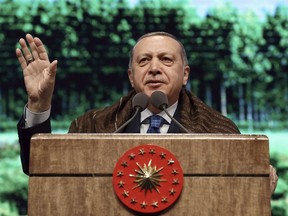 Turkey's President Recep Tayyip Erdogan speaks during an event called "Greener Turkey" in Ankara, Turkey, Wednesday, March 21, 2018.