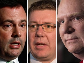 By next year, Ontario PC leader Doug Ford, right, could be teaming up in the fight against carbon taxes not just with Saskatchewan’s Premier Scott Moe, centre, but likely Jason Kenney, left, in Alberta.