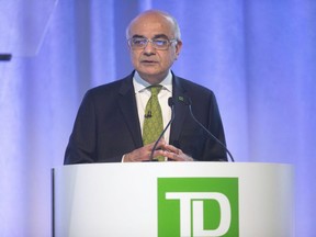 President and Chief Executive Officer of the Toronto-Dominion Bank Bharat Masrani speaks at their AGM in Toronto on Thursday March 29, 2018.