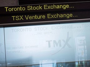 The Toronto Stock Exchange Broadcast Centre is pictured in Toronto on June 28, 2013. Canada's main stock index crept lower in late-morning trading, weighed down by weakness in the financial and telecommunications sectors.THE CANADIAN PRESS/Aaron Vincent Elkaim