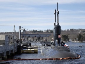 In this Thursday, March 15, 2018 photo, preparations are under way for the commissioning of the U.S. Navy Virginia-class attack submarine PCU (pre-commissioning unit) Colorado (SSN 788) at the naval submarine base in Groton, Conn. The submarine will be the USS Colorado and begins service Saturday, March 17, 2018, at the Naval Submarine Base in Groton.
