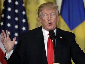 President Donald Trump speaks during a news conference with Swedish Prime Minister Stefan Lofven in the East Room of the White House, Tuesday, March 6, 2018, in Washington.