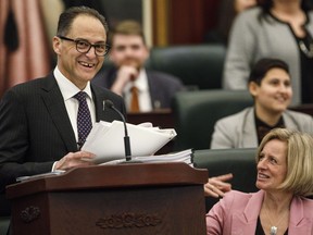 Alberta President of Treasury Board and Minister of Finance Joe Ceci delivers the budget as Alberta Premier Rachel Notley listens in Edmonton on Thursday, March 22, 2018.THE CANADIAN PRESS/Jason Franson