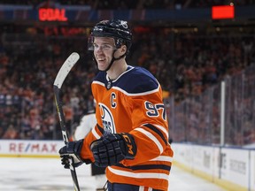 Edmonton Oilers' Connor McDavid (97) celebrates a goal against the Anaheim Ducks during second period NHL action in Edmonton, Alta., on Sunday, March 25, 2018. Imagine the fallout if the NHL was hacked and its star players -- think Sidney Crosby, Auston Matthews and McDavid -- had their home addresses, phone numbers and other personal information made accessible online.