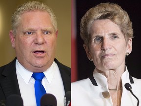 Doug Ford, leader of the Progressive Conservative party of Ontario, left, Ontario Premier Kathleen Wynne, right