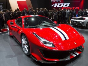 The New Ferrari 488 Pista is presented during the press day at the 88th Geneva International Motor Show in Geneva, Switzerland, Tuesday, March 6, 2018. The Motor Show will open its gates to the public from March 8 to 18.