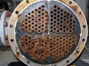 This November 2017 photo provided by the Program Executive Office of the U.S. Army's Assembled Chemical Weapons Alternatives shows corrosion in an off-gas treatment system in a plant that destroys World War II-era shells containing mustard agent at the Pueblo Chemical Depot in southern Colorado. Army officials say the corrosion is related to rust and other solids in the aging mustard agent. The Army said this month it wants to install more traditional technology at the plant to destroy the shells that are expected to contain the most rust. (Program Executive Office of the U.S. Army's Assembled Chemical Weapons Alternatives via AP)