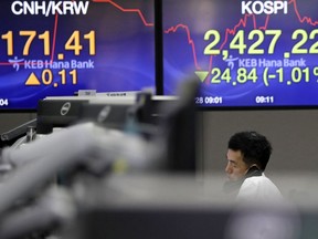 A currency trader talks on the phone near the screens showing the Korea Composite Stock Price Index (KOSPI), right, and the foreign exchange rate at the foreign exchange dealing room in Seoul, South Korea, Wednesday, March 28, 2018.  Asian stock markets were in the red Wednesday as tech stocks extended losses following sell-offs of their U.S. peers overnight. Investors are selling technology-related shares on concern governments might tighten their scrutiny over Facebook after it was revealed that users' data was shared with a consulting firm affiliated with President Donald Trump.