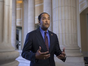 FILE- In this July 8, 2016, file photo, Rep. Will Hurd, R-Texas, speaks during a television news interview on Capitol Hill in Washington. North American Free Trade Agreement negotiators are working to rewrite the pact that President Donald Trump has called a job-killing "disaster.'' They met recently in Mexico City but couldn't reach a deal amid fears that Trump will withdraw from the agreement. The Associated Press spoke with Hurd, who represents a south Texas district that has a big stake in strong trade ties to Mexico.