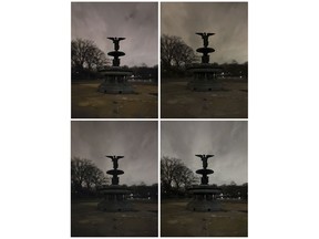 This combo shows photos of the Bethesda Fountain in New York's Central Park taken on Saturday, March 3, 2018. Starting at the top left and going clockwise, the phones used are Samsung's Galaxy S9, Apple's iPhone X, Google's Pixel 2 XL and Samsung's Galaxy Note 8. All top-end phones take decent photos, even in challenging low-light conditions, though there are some color variations.