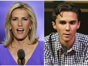In this combination photo, Fox News personality Laura Ingraham speaks at the Republican National Convention in Cleveland on July 20, 2016, left, and David Hogg, a student survivor from Marjory Stoneman Douglas High School in Parkland, Fla., speaks at a rally for common sense gun legislation in Livingston, N.J. on  Feb. 25, 2018. Some big name advertisers are dropping Ingraham after she publicly criticized Hogg, a student at Marjory Stoneman Douglas school on social media. The online home goods store Wayfair, travel website TripAdvisor and Rachel Ray's dog food Nutrish all said they are removing their support from Ingraham.  (AP Photo/J. Scott Applewhite, left, and Rich Schultz)