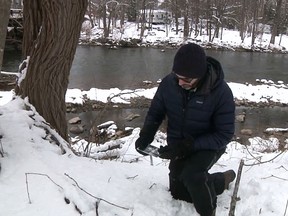 In this March 9, 2018 image taken from video, Marco Tedesco head researcher of Columbia University's Lamont-Doherty Earth Observatory observes snowflakes on a metal card used to measure flakes in Phoenicia, N.Y. Researchers at Columbia University are visiting New York's Catskill Mountains this winter to study details about how snowflakes fall and how they evolve once they settle on the ground.