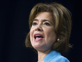 FILE - In this April 7, 2014, file photo, Maria Contreras-Sweet speaks during a ceremonial swearing in as Administrator of the Small Business Administration in the South Court Auditorium on the White House complex in Washington. A group of investors, led by Contreras-Sweet along with billionaire investor Ron Burkle, pulled out of a deal to buy the beleaguered Weinstein Co. on Tuesday, March 6, 2018, after discovering tens of millions of dollars in undisclosed debt, according to people familiar with the negotiations.