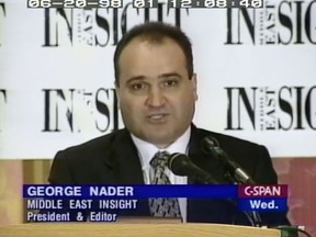 FILE - This 1998 frame from video provided by C-SPAN shows George Nader, president and editor of Middle East Insight. Nader, an adviser to the United Arab Emirates who is now a witness in the U.S. special counsel investigation into foreign meddling in American politics, wired $2.5 million to Donald Trump's fundraiser, Elliott Broidy, through a company in Canada, according to two people who spoke on the condition of anonymity because of the sensitivity of the matter. (C-SPAN via AP, File)
