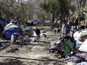 FILE - In this March 11, 2014, file photo tents are set up along a pathway in the Jungle, a homeless encampment in San Jose, Calif. San Jose, California-based Cisco Systems Inc. is donating $50 million to address the growing problem of homelessness in Santa Clara County and is encouraging other Silicon Valley companies to also step up.