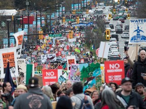 Thousands of people march during a protest against the Kinder Morgan Trans Mountain Pipeline expansion, in Vancouver, B.C., in November, 2016.