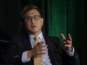 FILE - In this March 8, 2018, file photo, California gubernatorial candidate, state Treasurer John Chiang, a Democrat, speaks at a conference in Sacramento, Calif. Chiang will be joined family members of people who died in a 2015 shooting in San Bernardino, Calf., at a meeting of the California Public Employees Retirement System, Monday, March 19, 2018, calling on the nation's largest public pension fund to stop investing in companies that sell assault-style weapons banned for ownership in California and devices that allow guns to fire more rapidly.