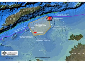 This undated map provided by the Australian Department of Foreign Affairs and Trade shows Australia's maritime arrangements with East Timor. Australia and East Timor will sign a treaty that draws the first-ver maritime border between the neighbors, resolving years of bitter wrangling with a deal that carves up billions of dollars of oil and gas riches that lie beneath the Timor Sea. Australia and its impoverished half-island neighbor will ink the agreement at the United Nations in New York on Tuesday, March 5, 2018, putting to rest a dispute that has dominated and soured relations since 2002 when East Timor emerged as a fledgling sovereign nation independent of Indonesia.