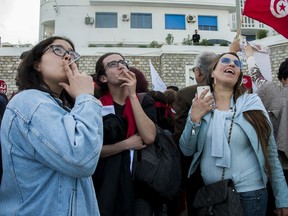 Tunisian demonstrators during a protest to ask for equality between men and women in Tunis, Tunisia, Saturday, March 10, 2018.