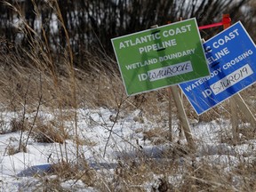 Signs mark the route of the Atlantic Coast Pipeline in Deerfield, Va., Thursday, Feb. 8, 2018. Work is progressing on clearing a path for the pipeline.