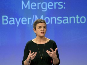 European Commissioner for Competition Margrethe Vestager speaks during a media conference at EU headquarters in Brussels, Wednesday, March 21, 2018.