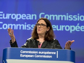European Commissioner for Trade Cecilia Malmstroem speaks during a media conference at EU headquarters in Brussels on Wednesday, March 7, 2018. The European Union will set out its strategy Wednesday on how to counter potential U.S. punitive tariffs on steel and aluminum.