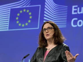 European Commissioner for Trade Cecilia Malmstroem speaks during a media conference at EU headquarters in Brussels on Wednesday, March 7, 2018. The European Union will set out its strategy Wednesday on how to counter potential U.S. punitive tariffs on steel and aluminum.