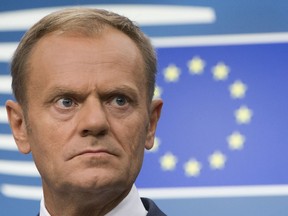 FILE - In this Friday, June 23, 2017 file photo, European Council President Donald Tusk speaks in Brussels. European Council President Tusk unveiled on Wednesday, March 7, 2018, the EU's approach to the next phase of Brexit talks on future relations with the UK.